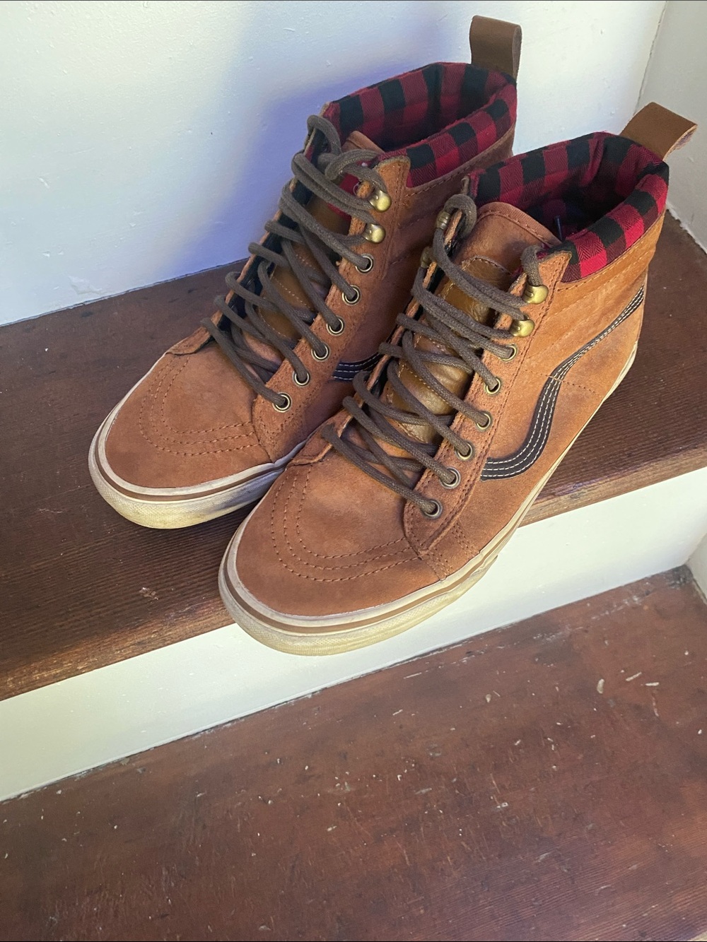Vans Brown Suede High-Top Sneakers with Buffalo Plaid Lining, Size 9 (M) 10.5 W